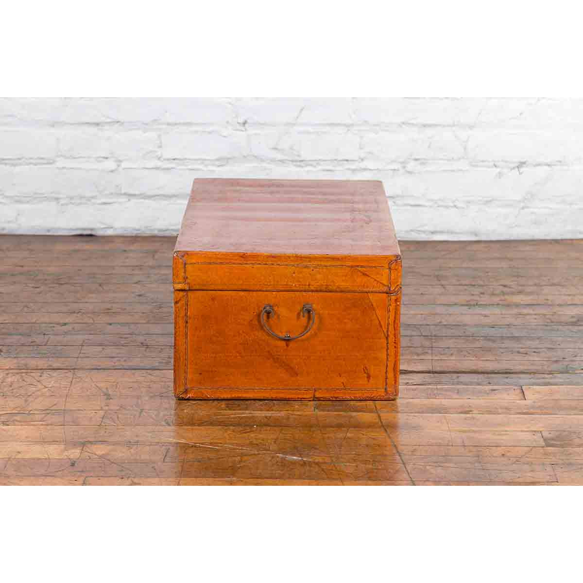 Chinese Antique Leather and Brass Trunk with Original Lacquer and Calligraphy-13. Asian & Chinese Furniture, Art, Antiques, Vintage Home Décor for sale at FEA Home