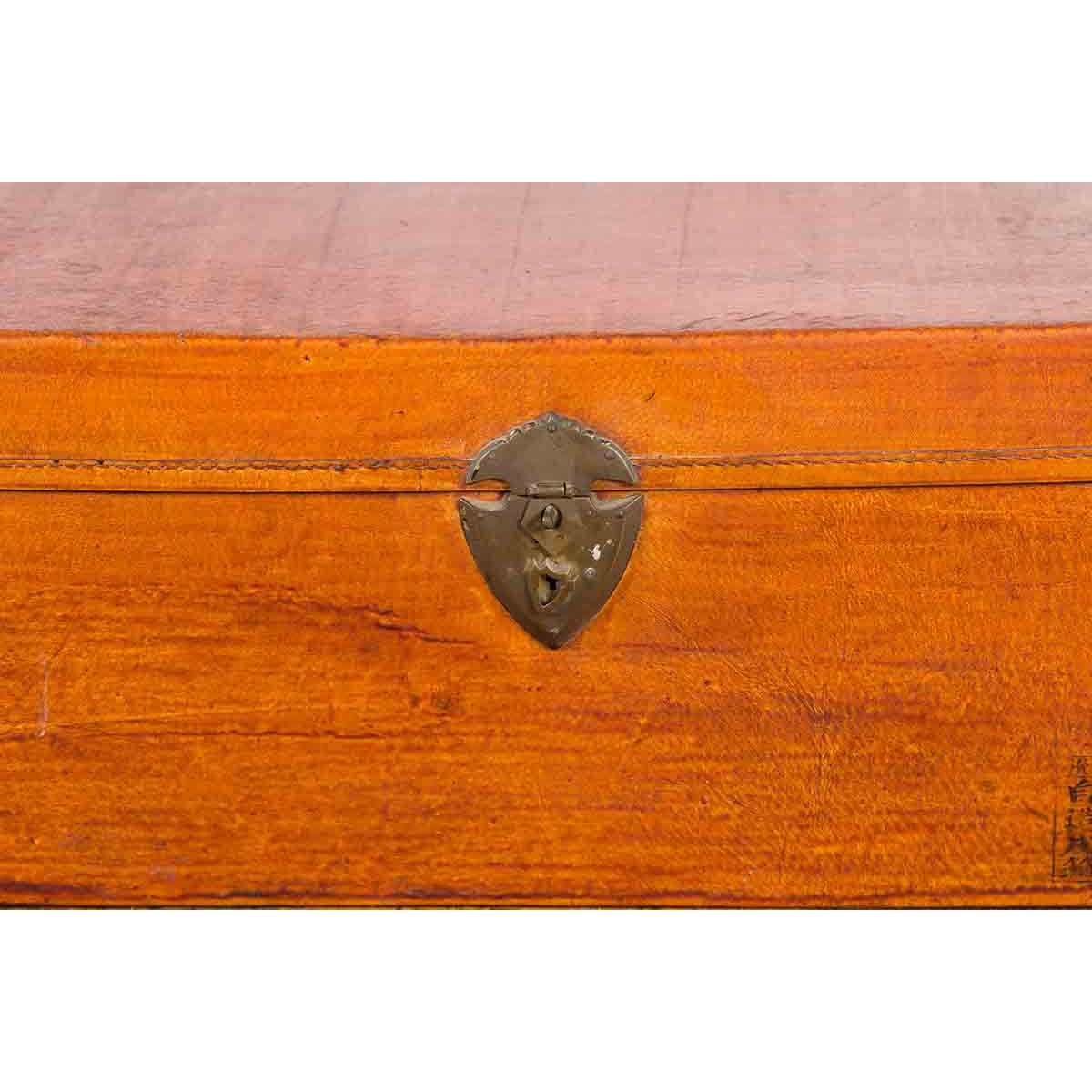 Chinese Antique Leather and Brass Trunk with Original Lacquer and Calligraphy-9. Asian & Chinese Furniture, Art, Antiques, Vintage Home Décor for sale at FEA Home