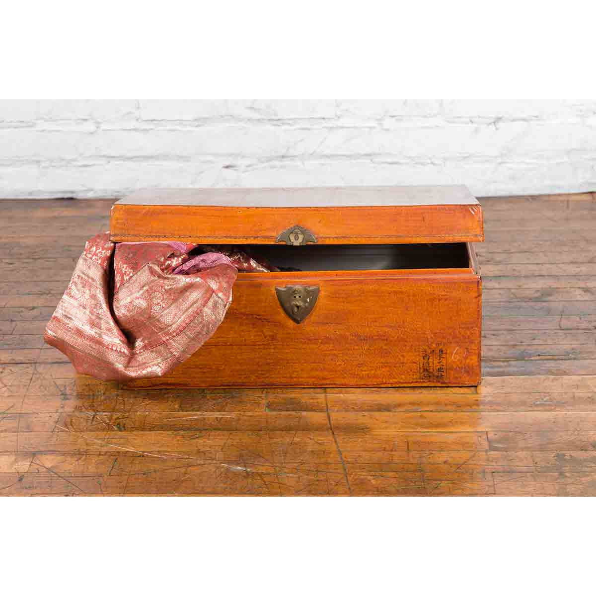 Chinese Antique Leather and Brass Trunk with Original Lacquer and Calligraphy-3. Asian & Chinese Furniture, Art, Antiques, Vintage Home Décor for sale at FEA Home