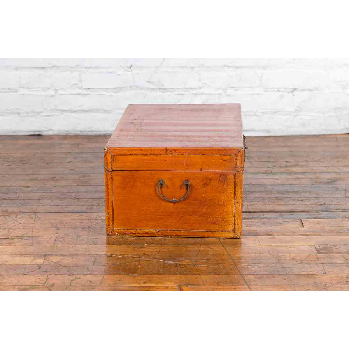 Chinese Antique Leather and Brass Trunk with Original Lacquer and Calligraphy-11. Asian & Chinese Furniture, Art, Antiques, Vintage Home Décor for sale at FEA Home