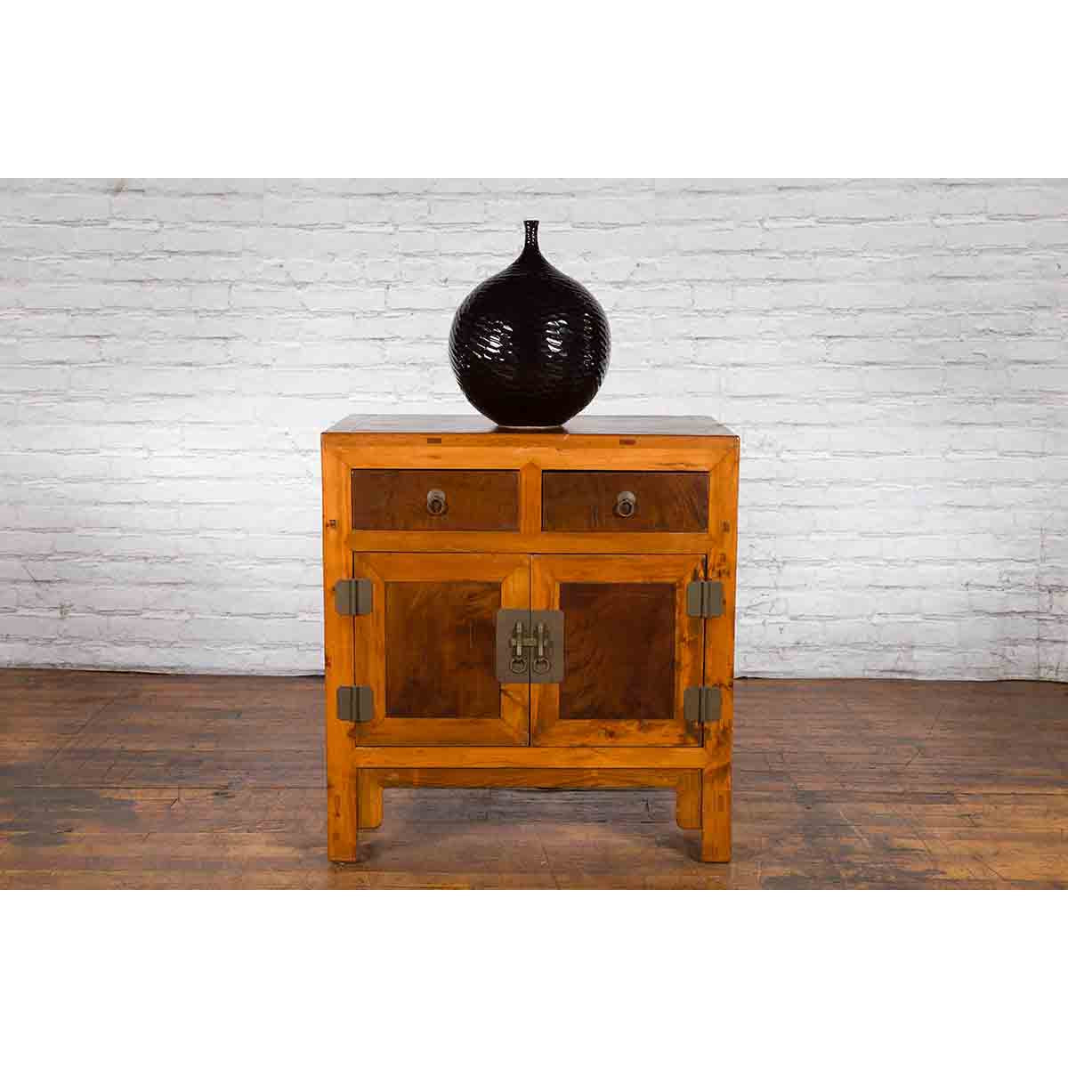 Chinese Antique Elm and Burlwood Two-Toned Side Cabinet with Doors and Drawers-3. Asian & Chinese Furniture, Art, Antiques, Vintage Home Décor for sale at FEA Home