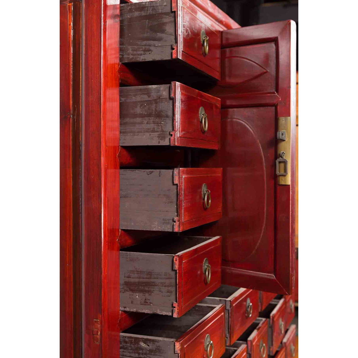 Chinese Qing Dynasty Period Red Lacquered Apothecary Cabinet with 32 Drawers-5. Asian & Chinese Furniture, Art, Antiques, Vintage Home Décor for sale at FEA Home