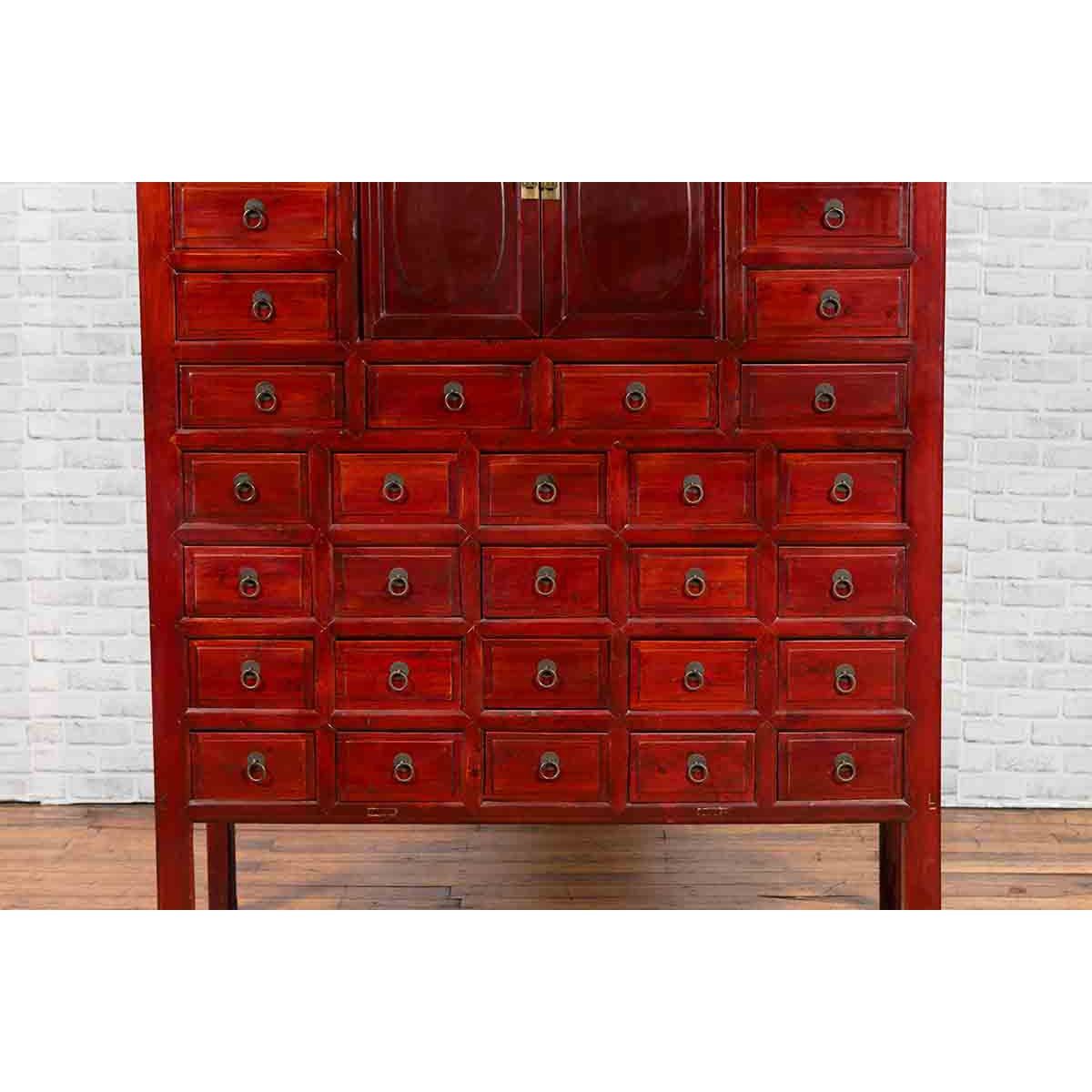 Chinese Qing Dynasty Period Red Lacquered Apothecary Cabinet with 32 Drawers-7. Asian & Chinese Furniture, Art, Antiques, Vintage Home Décor for sale at FEA Home