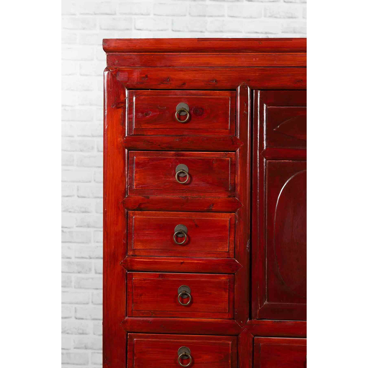Chinese Qing Dynasty Period Red Lacquered Apothecary Cabinet with 32 Drawers-9. Asian & Chinese Furniture, Art, Antiques, Vintage Home Décor for sale at FEA Home