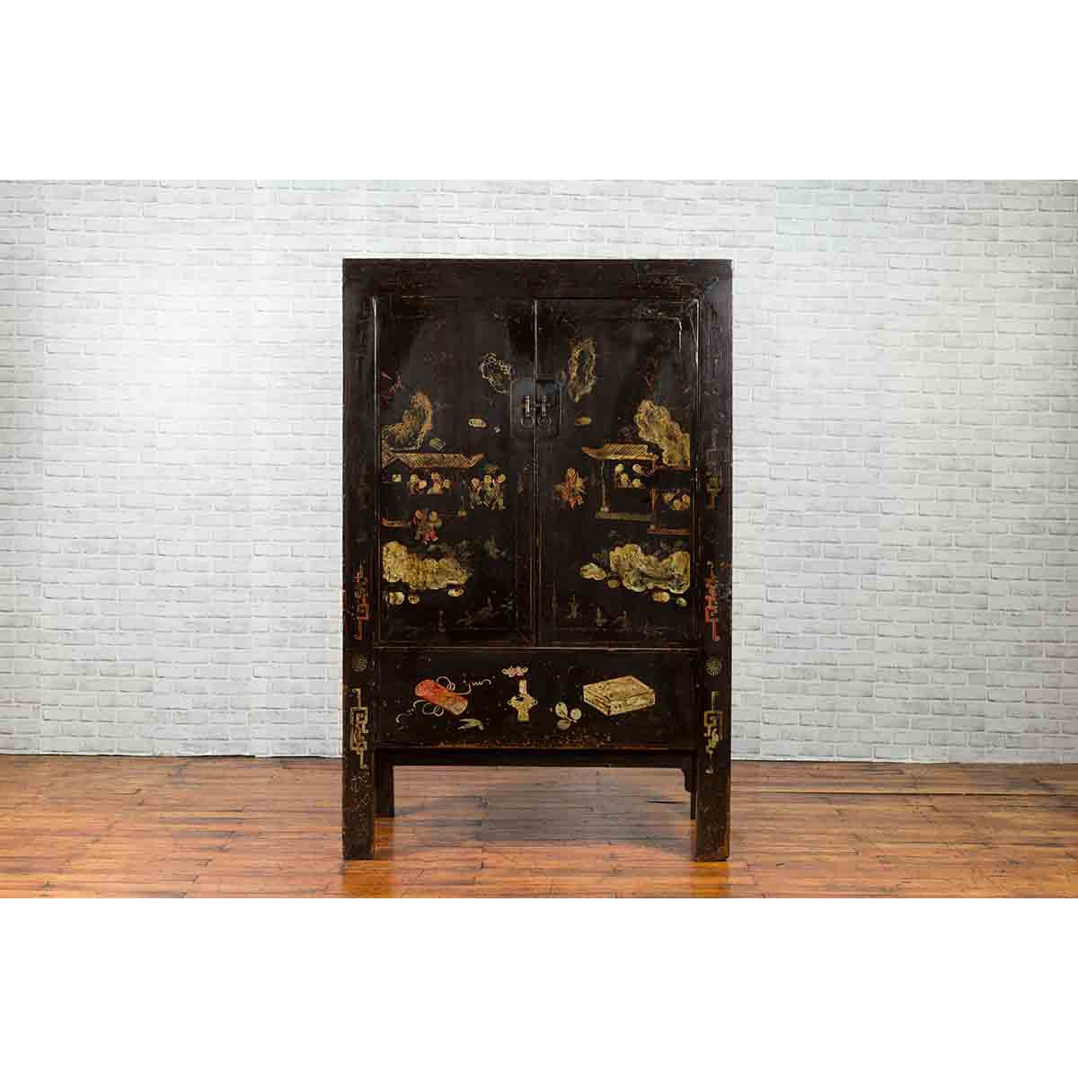 Chinese Qing Two-Door Cabinet with Chinoiserie and Original Black Lacquer-4. Asian & Chinese Furniture, Art, Antiques, Vintage Home Décor for sale at FEA Home
