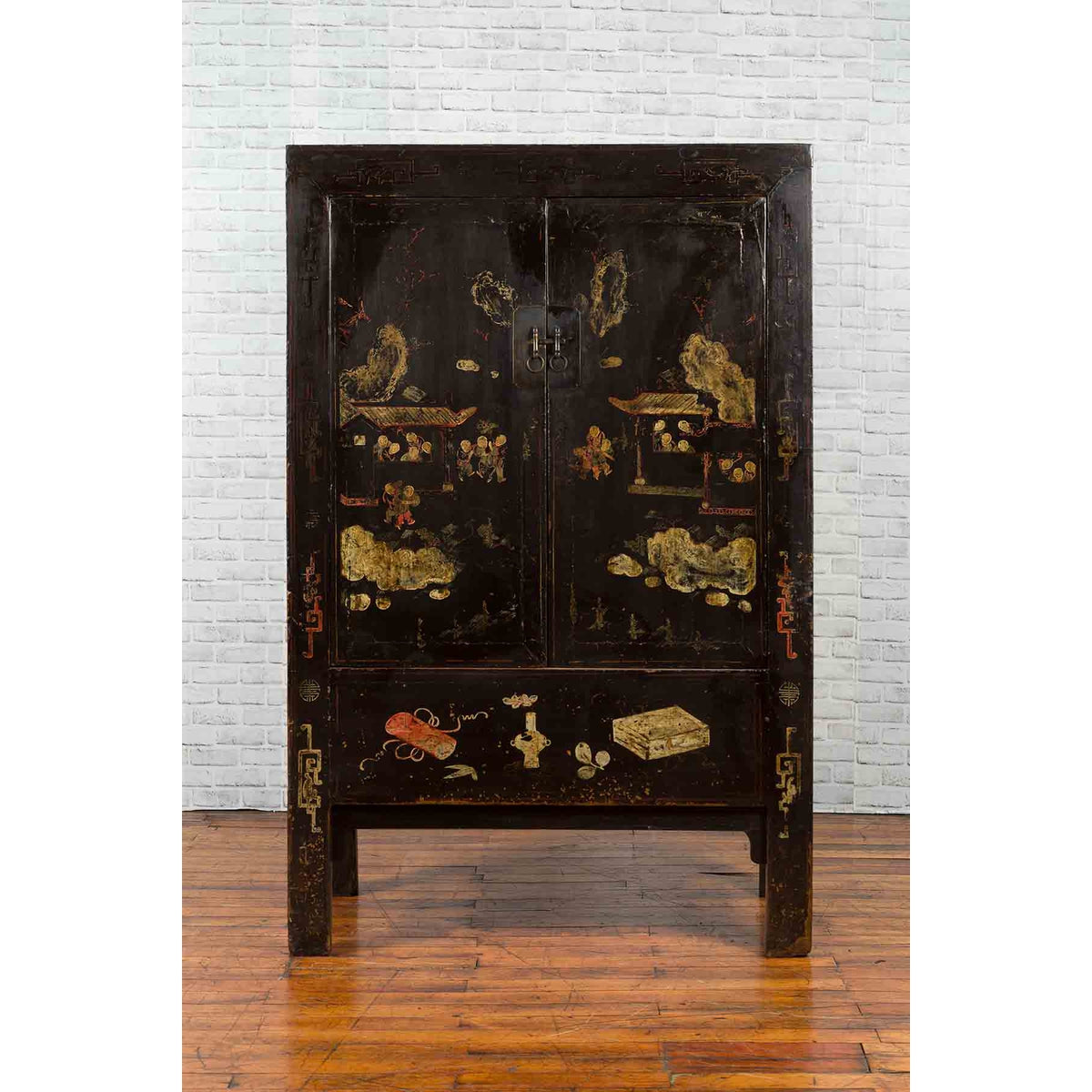 Chinese Qing Two-Door Cabinet with Chinoiserie and Original Black Lacquer-3. Asian & Chinese Furniture, Art, Antiques, Vintage Home Décor for sale at FEA Home