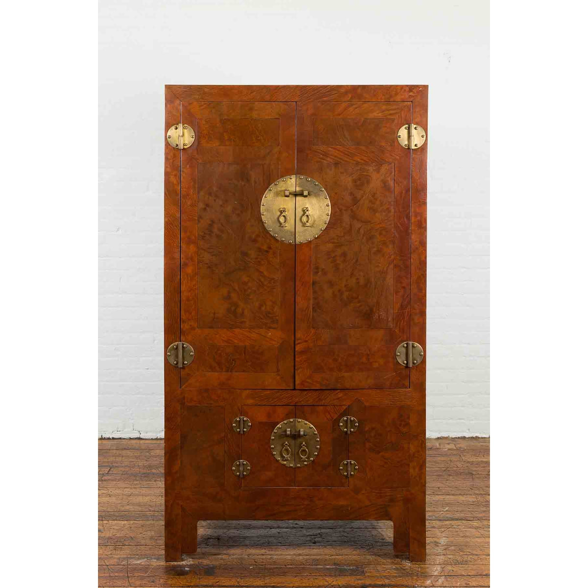 Chinese Hebei Province Early 20th Century Burl Wood Cabinet with Brass Medallion-3. Asian & Chinese Furniture, Art, Antiques, Vintage Home Décor for sale at FEA Home