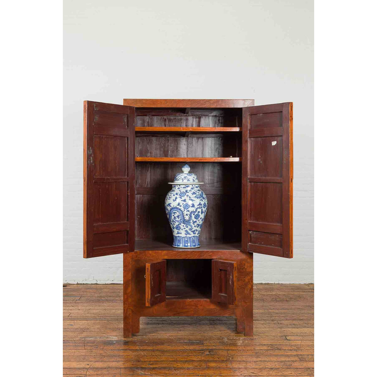 Chinese Hebei Province Early 20th Century Burl Wood Cabinet with Brass Medallion-4. Asian & Chinese Furniture, Art, Antiques, Vintage Home Décor for sale at FEA Home