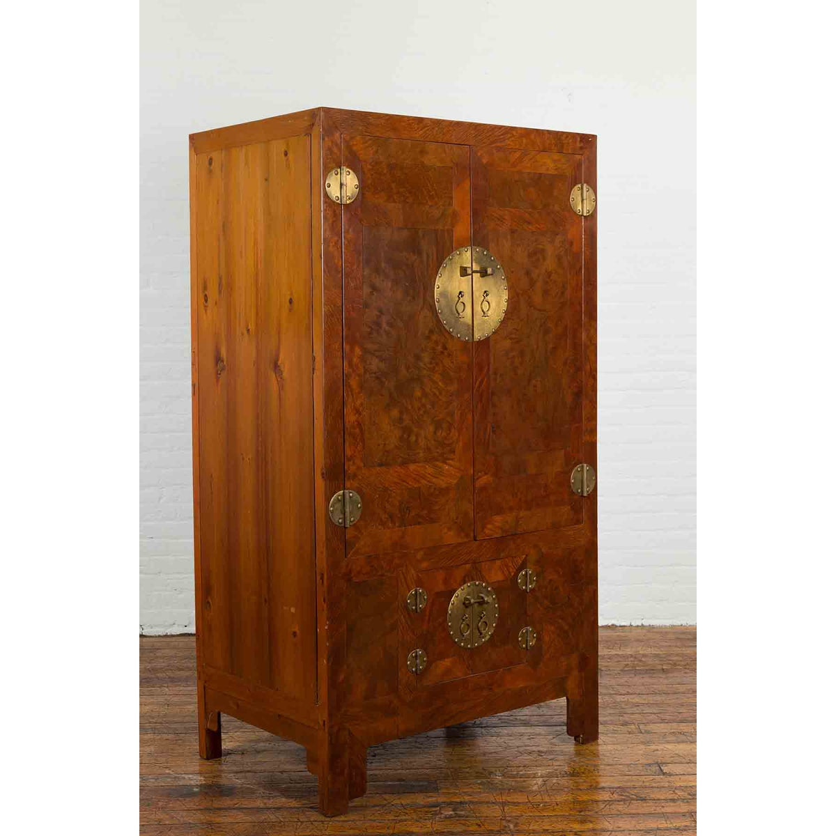 Chinese Hebei Province Early 20th Century Burl Wood Cabinet with Brass Medallion-5. Asian & Chinese Furniture, Art, Antiques, Vintage Home Décor for sale at FEA Home