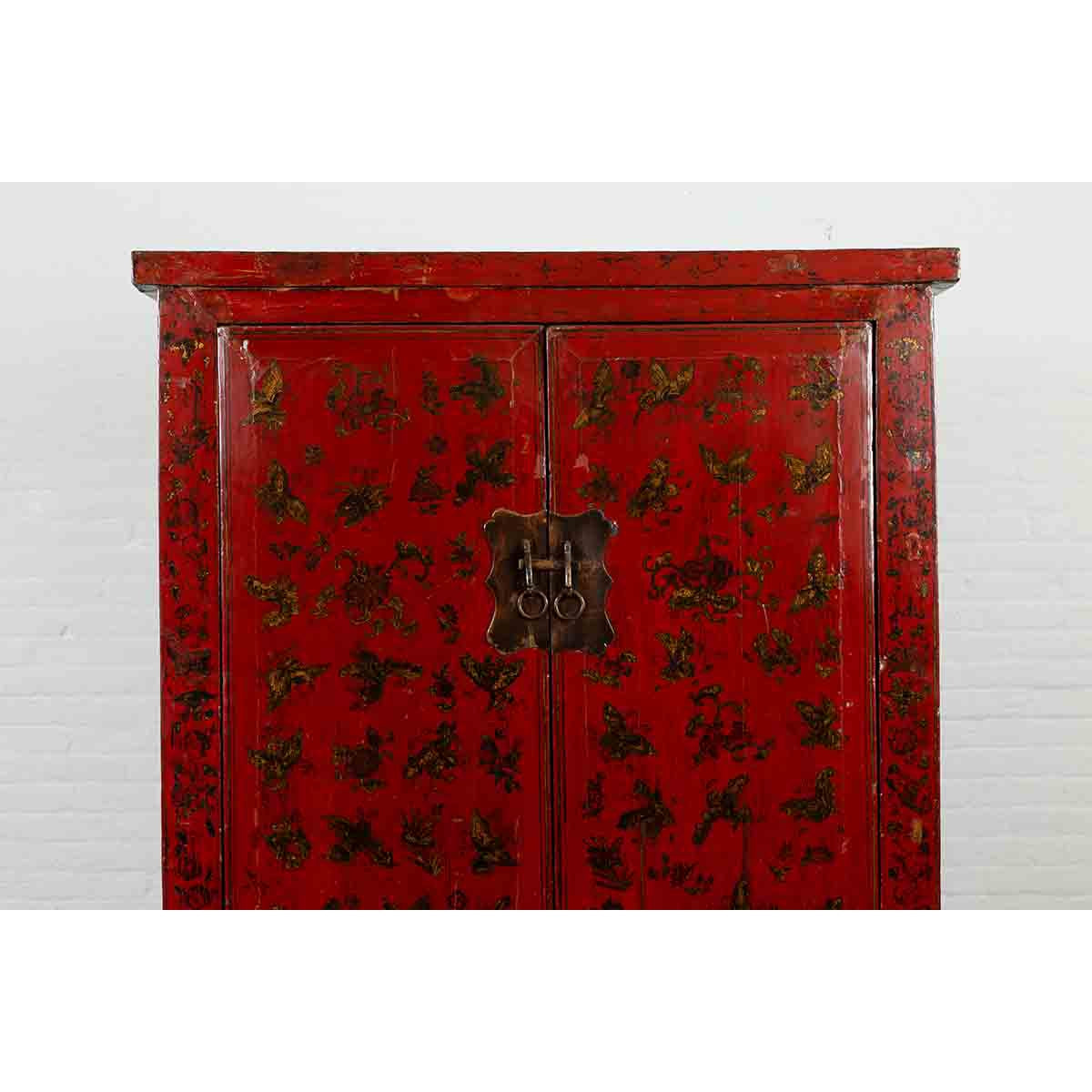 19th Century Red Lacquer Cabinet with Butterfly Design-8. Asian & Chinese Furniture, Art, Antiques, Vintage Home Décor for sale at FEA Home
