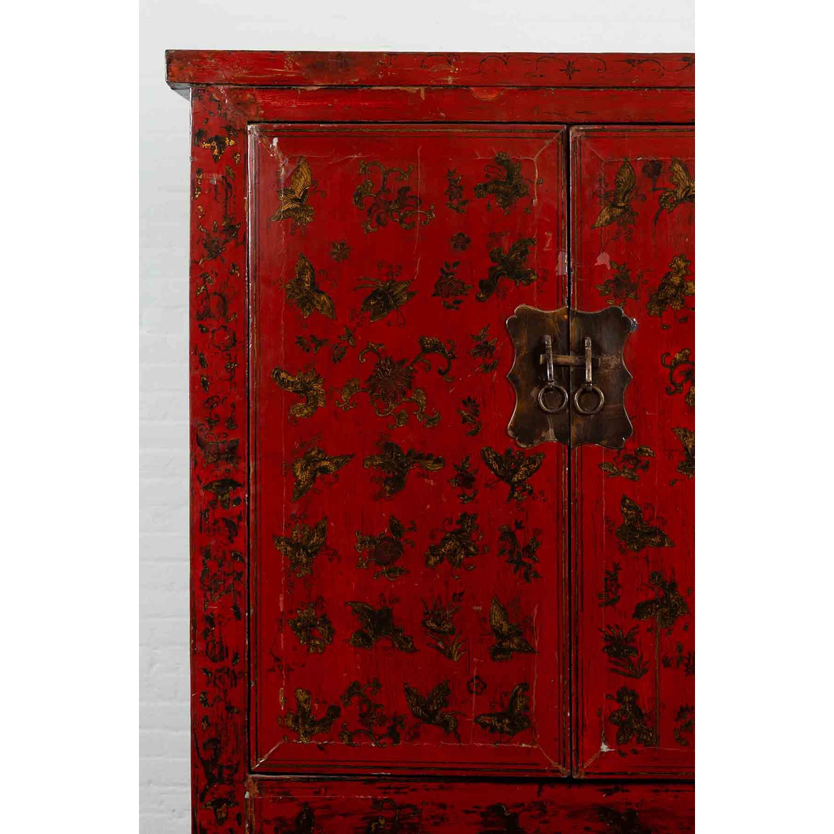 19th Century Red Lacquer Cabinet with Butterfly Design-10. Asian & Chinese Furniture, Art, Antiques, Vintage Home Décor for sale at FEA Home