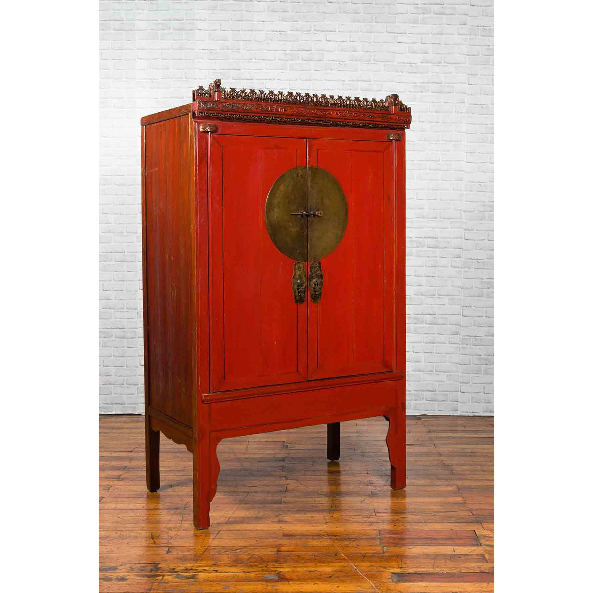 Chinese Qing Dynasty 19th Century Red Lacquered Wedding Cabinet with Carving-3. Asian & Chinese Furniture, Art, Antiques, Vintage Home Décor for sale at FEA Home