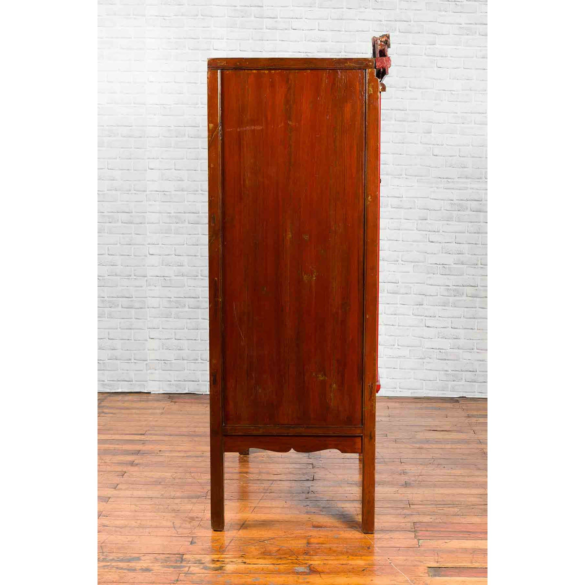 Chinese Qing Dynasty 19th Century Red Lacquered Wedding Cabinet with Carving-12. Asian & Chinese Furniture, Art, Antiques, Vintage Home Décor for sale at FEA Home