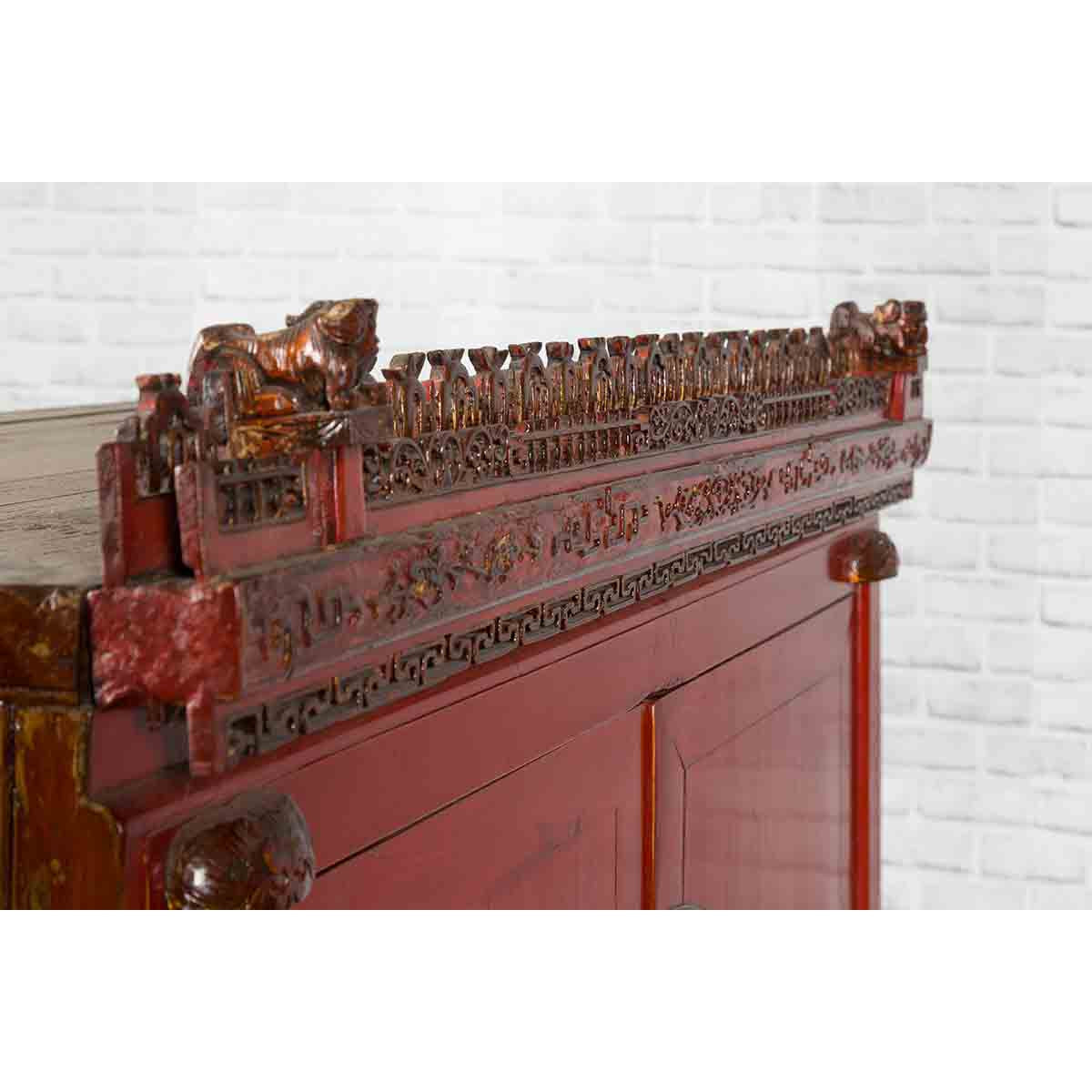 Chinese Qing Dynasty 19th Century Red Lacquered Wedding Cabinet with Carving-13. Asian & Chinese Furniture, Art, Antiques, Vintage Home Décor for sale at FEA Home