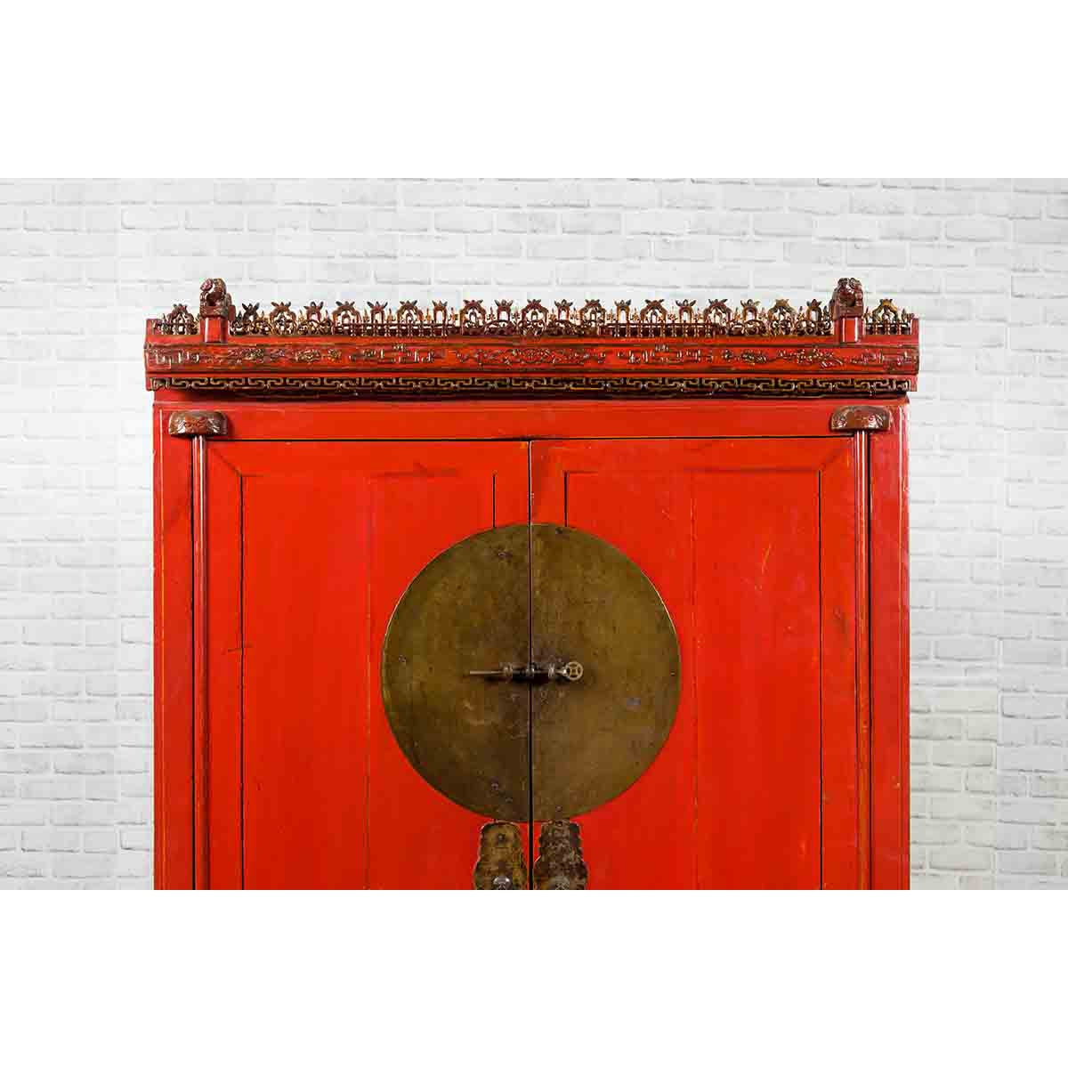Chinese Qing Dynasty 19th Century Red Lacquered Wedding Cabinet with Carving-6. Asian & Chinese Furniture, Art, Antiques, Vintage Home Décor for sale at FEA Home