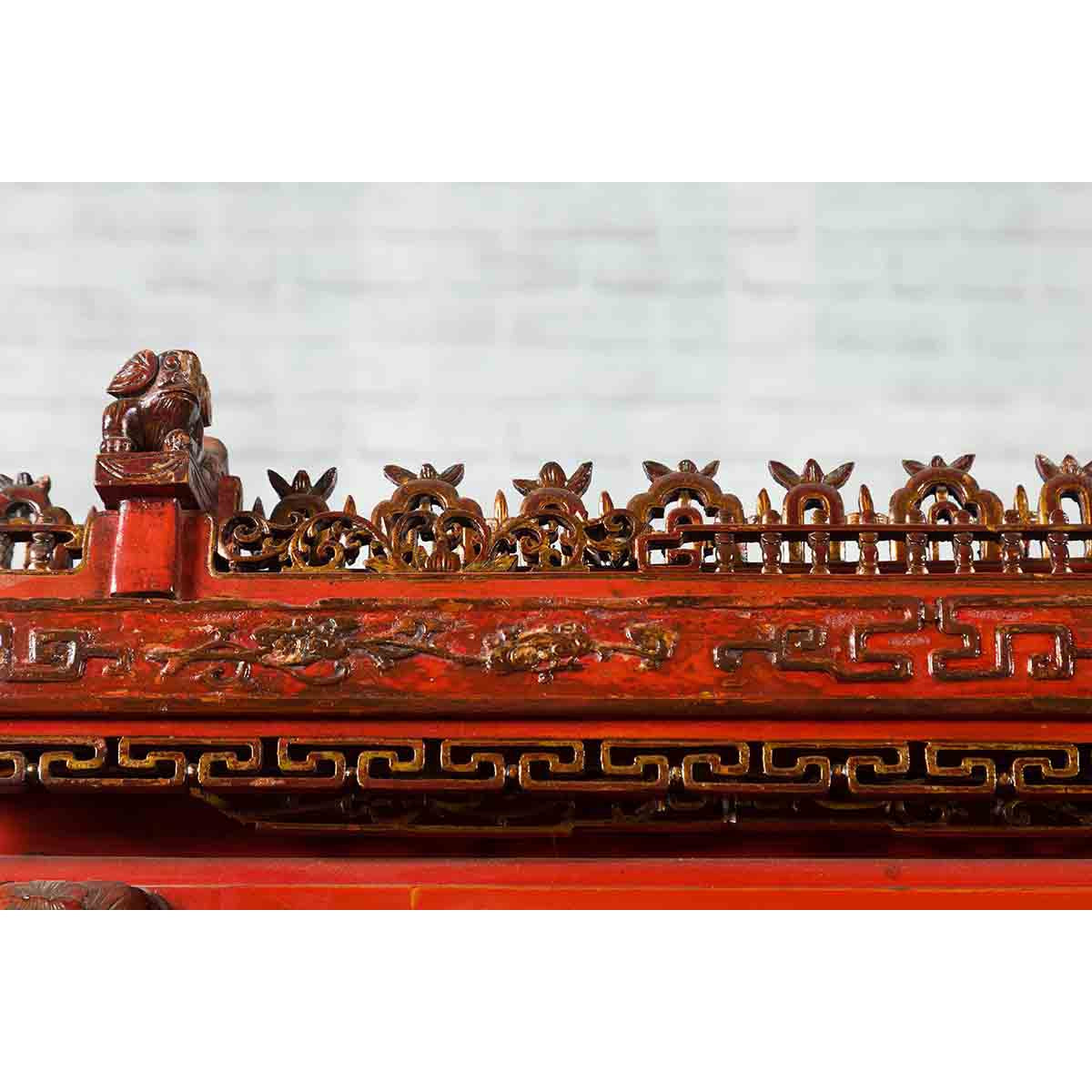 Chinese Qing Dynasty 19th Century Red Lacquered Wedding Cabinet with Carving-10. Asian & Chinese Furniture, Art, Antiques, Vintage Home Décor for sale at FEA Home
