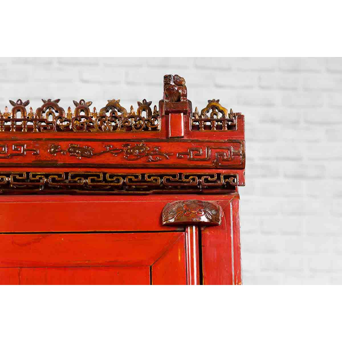 Chinese Qing Dynasty 19th Century Red Lacquered Wedding Cabinet with Carving-11. Asian & Chinese Furniture, Art, Antiques, Vintage Home Décor for sale at FEA Home
