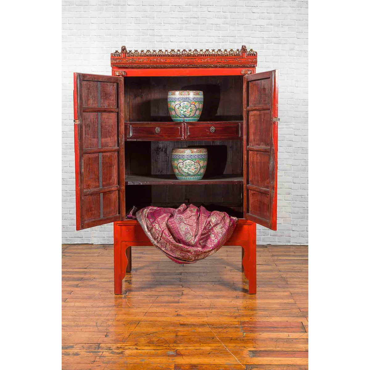 Chinese Qing Dynasty 19th Century Red Lacquered Wedding Cabinet with Carving-5. Asian & Chinese Furniture, Art, Antiques, Vintage Home Décor for sale at FEA Home