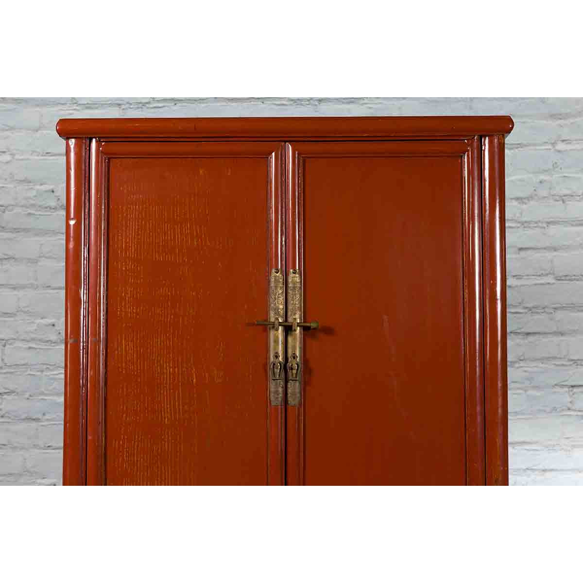 Chinese Red Lacquer Ming Dynasty Style Cabinet with Floral-Carved Gilt Apron-5. Asian & Chinese Furniture, Art, Antiques, Vintage Home Décor for sale at FEA Home