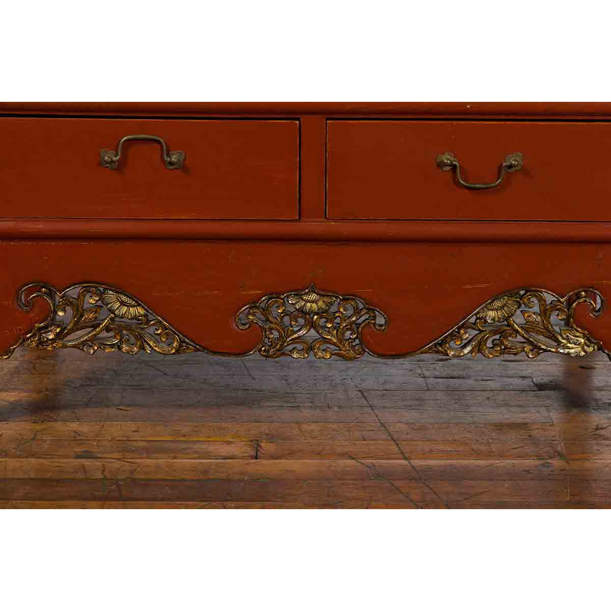 Chinese Red Lacquer Ming Dynasty Style Cabinet with Floral-Carved Gilt Apron-10. Asian & Chinese Furniture, Art, Antiques, Vintage Home Décor for sale at FEA Home