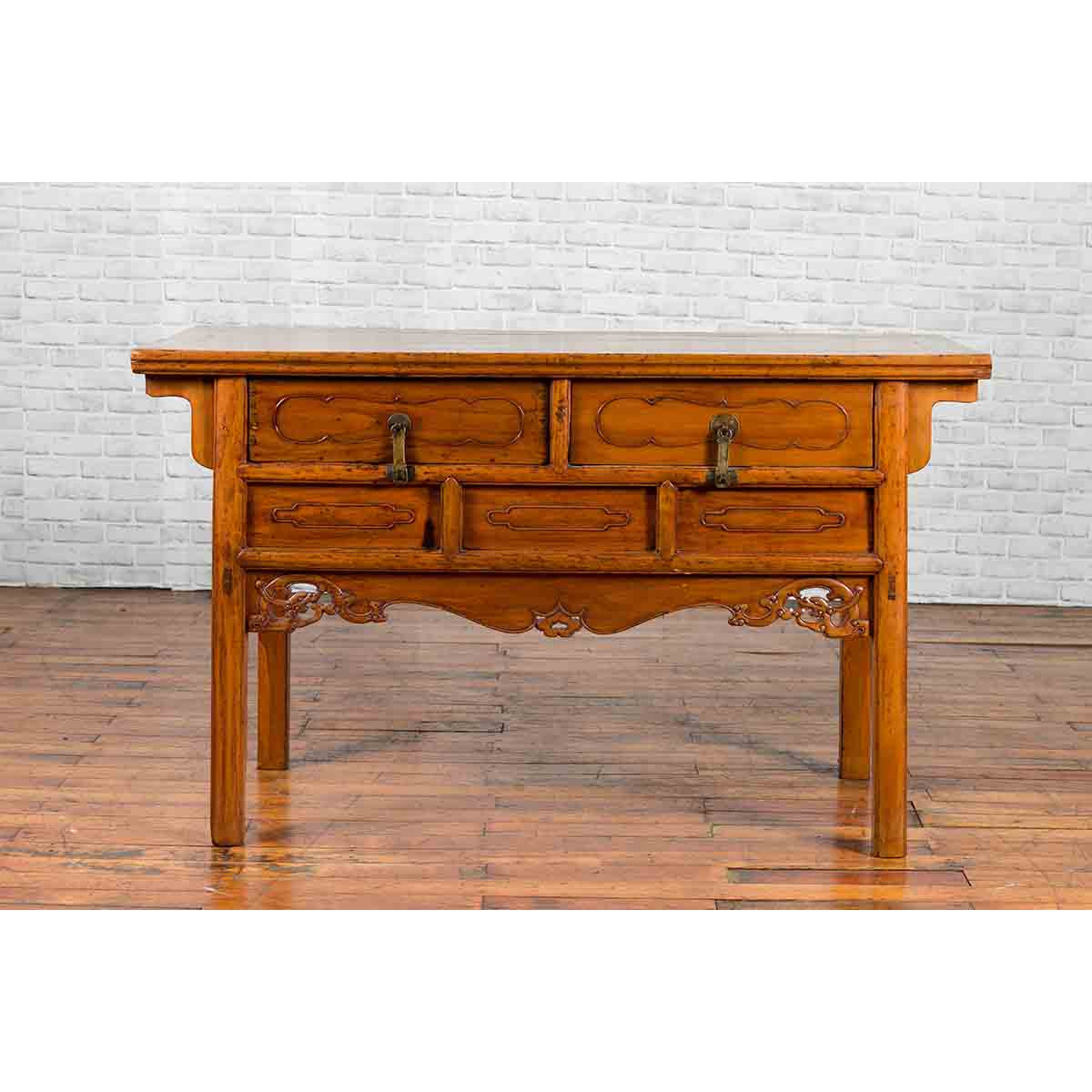 Chinese Qing Dynasty Period 19th Century Elm Sideboard with Dragon Carved Apron-4. Asian & Chinese Furniture, Art, Antiques, Vintage Home Décor for sale at FEA Home