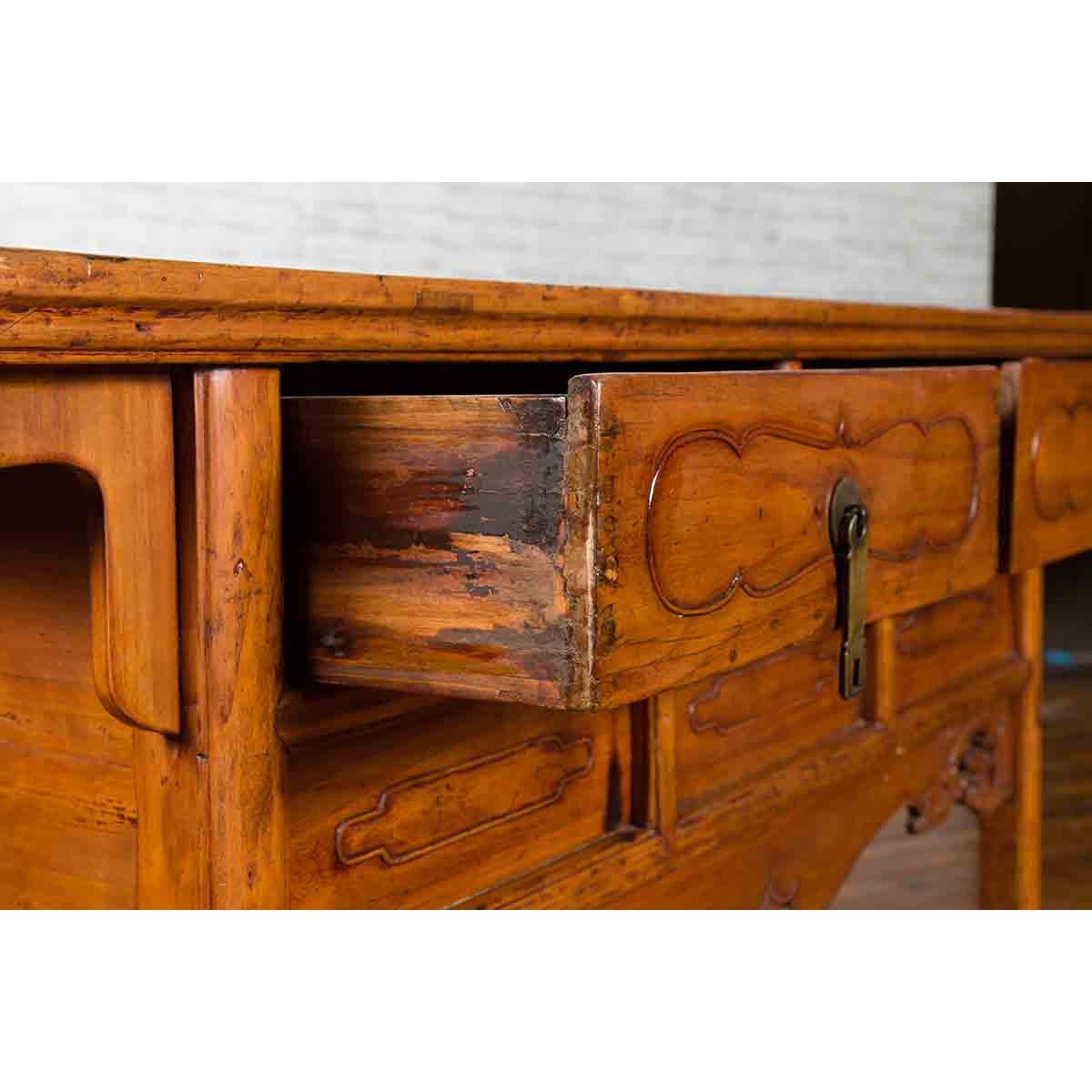 Chinese Qing Dynasty Period 19th Century Elm Sideboard with Dragon Carved Apron-12. Asian & Chinese Furniture, Art, Antiques, Vintage Home Décor for sale at FEA Home