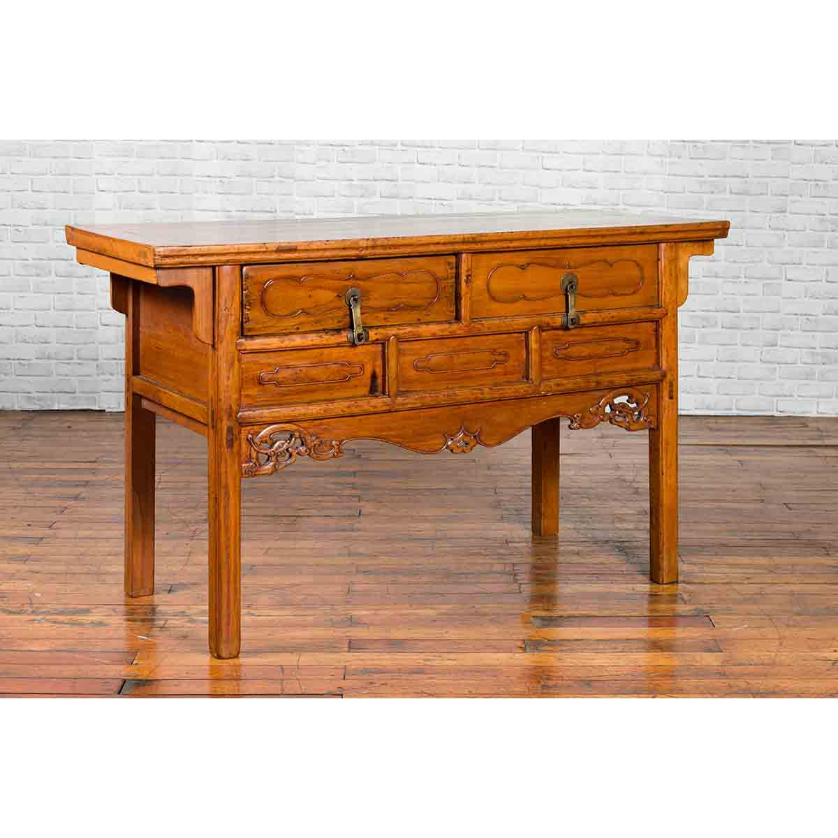 Chinese Qing Dynasty Period 19th Century Elm Sideboard with Dragon Carved Apron-14. Asian & Chinese Furniture, Art, Antiques, Vintage Home Décor for sale at FEA Home