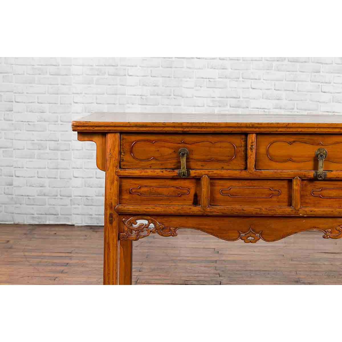 Chinese Qing Dynasty Period 19th Century Elm Sideboard with Dragon Carved Apron-5. Asian & Chinese Furniture, Art, Antiques, Vintage Home Décor for sale at FEA Home