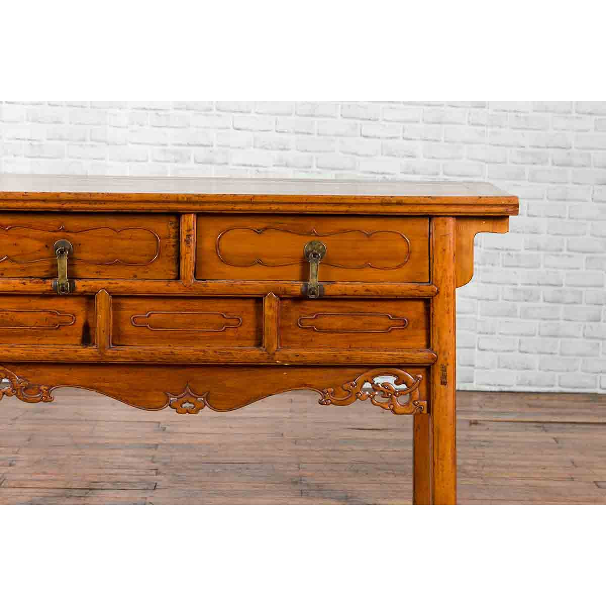 Chinese Qing Dynasty Period 19th Century Elm Sideboard with Dragon Carved Apron-6. Asian & Chinese Furniture, Art, Antiques, Vintage Home Décor for sale at FEA Home
