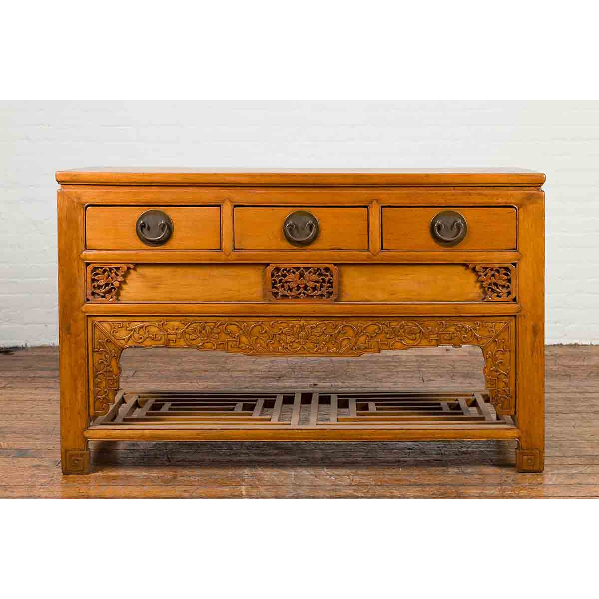 Chinese Qing Dynasty 19th Century Waisted Sideboard with Carved Floral Motifs-3. Asian & Chinese Furniture, Art, Antiques, Vintage Home Décor for sale at FEA Home
