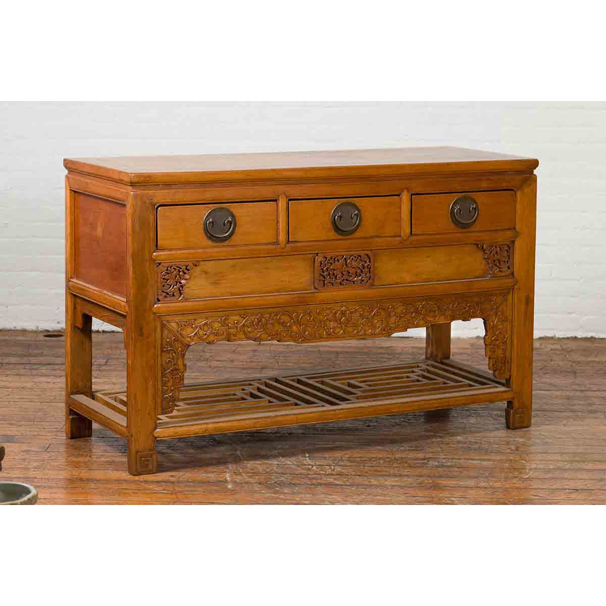 Chinese Qing Dynasty 19th Century Waisted Sideboard with Carved Floral Motifs-2. Asian & Chinese Furniture, Art, Antiques, Vintage Home Décor for sale at FEA Home