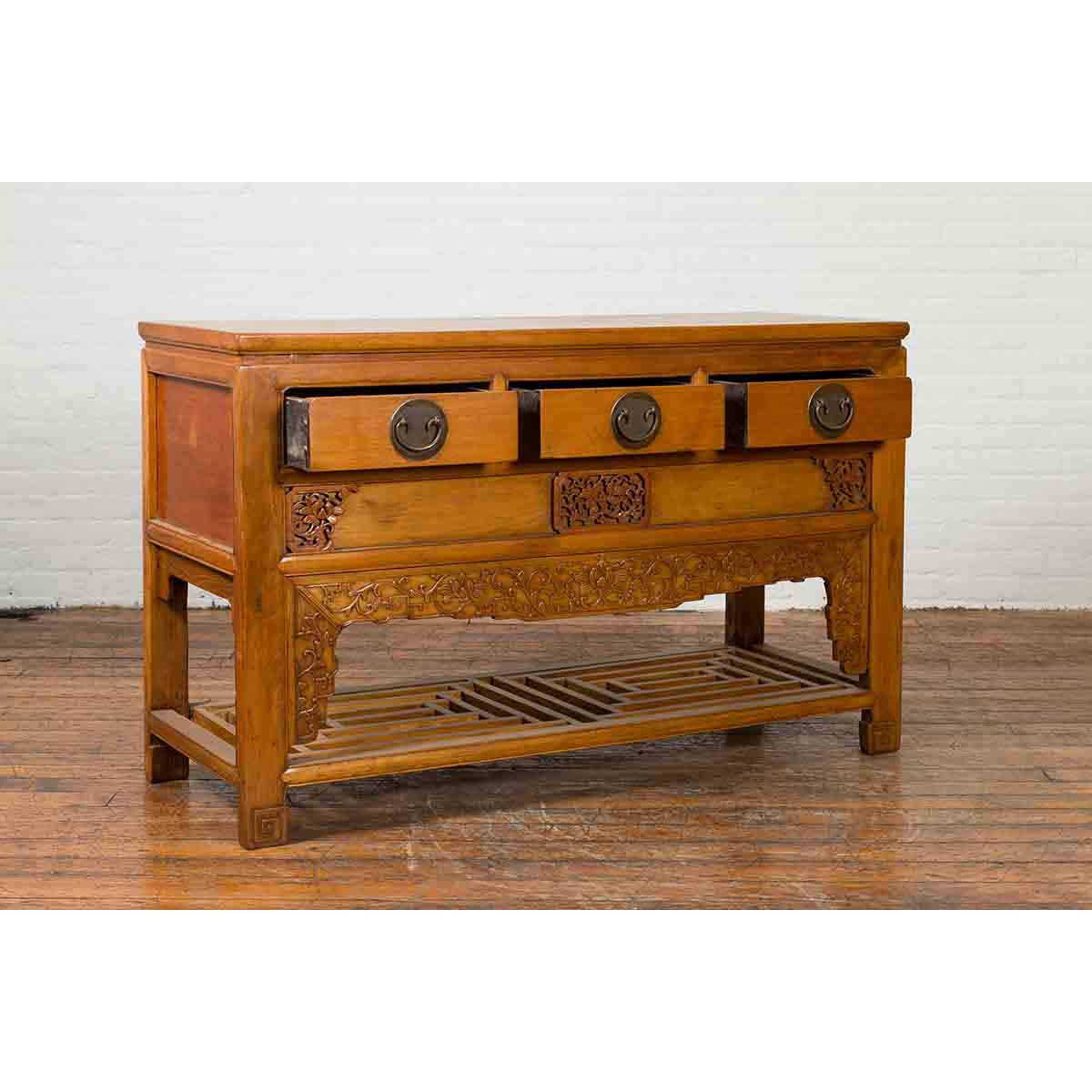 Chinese Qing Dynasty 19th Century Waisted Sideboard with Carved Floral Motifs-13. Asian & Chinese Furniture, Art, Antiques, Vintage Home Décor for sale at FEA Home