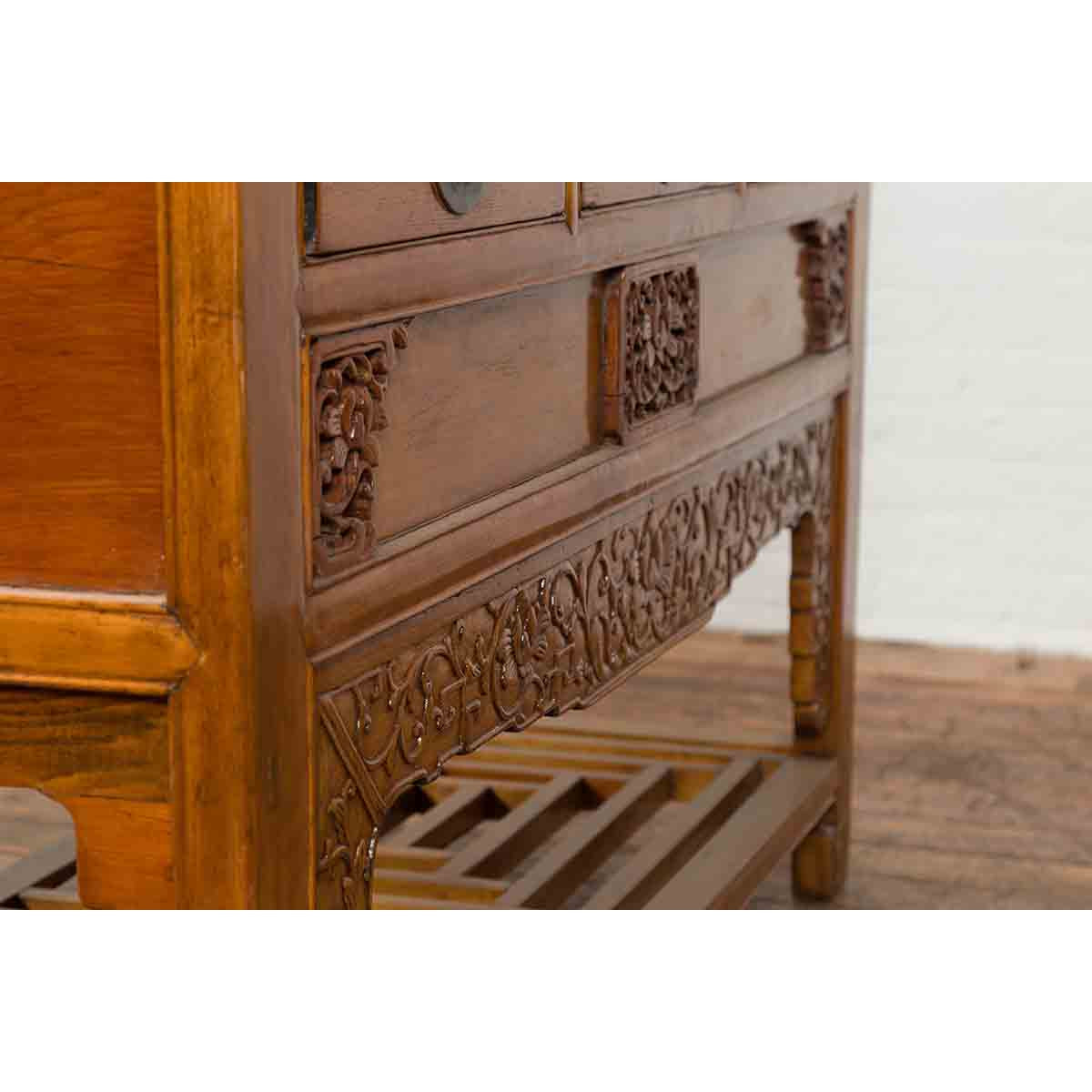 Chinese Qing Dynasty 19th Century Waisted Sideboard with Carved Floral Motifs-16. Asian & Chinese Furniture, Art, Antiques, Vintage Home Décor for sale at FEA Home