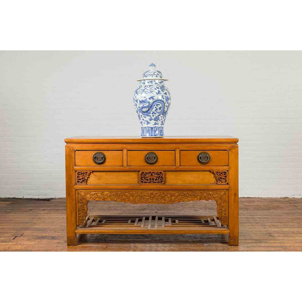 Chinese Qing Dynasty 19th Century Waisted Sideboard with Carved Floral Motifs-4. Asian & Chinese Furniture, Art, Antiques, Vintage Home Décor for sale at FEA Home