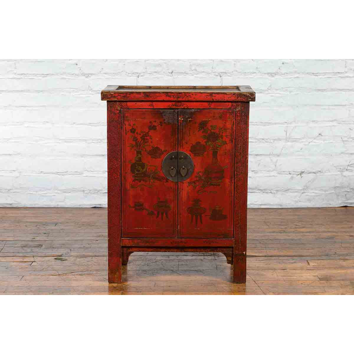 19th Century Qing Dynasty Red Lacquer Cabinet with Painted Flowers and Vases-5. Asian & Chinese Furniture, Art, Antiques, Vintage Home Décor for sale at FEA Home