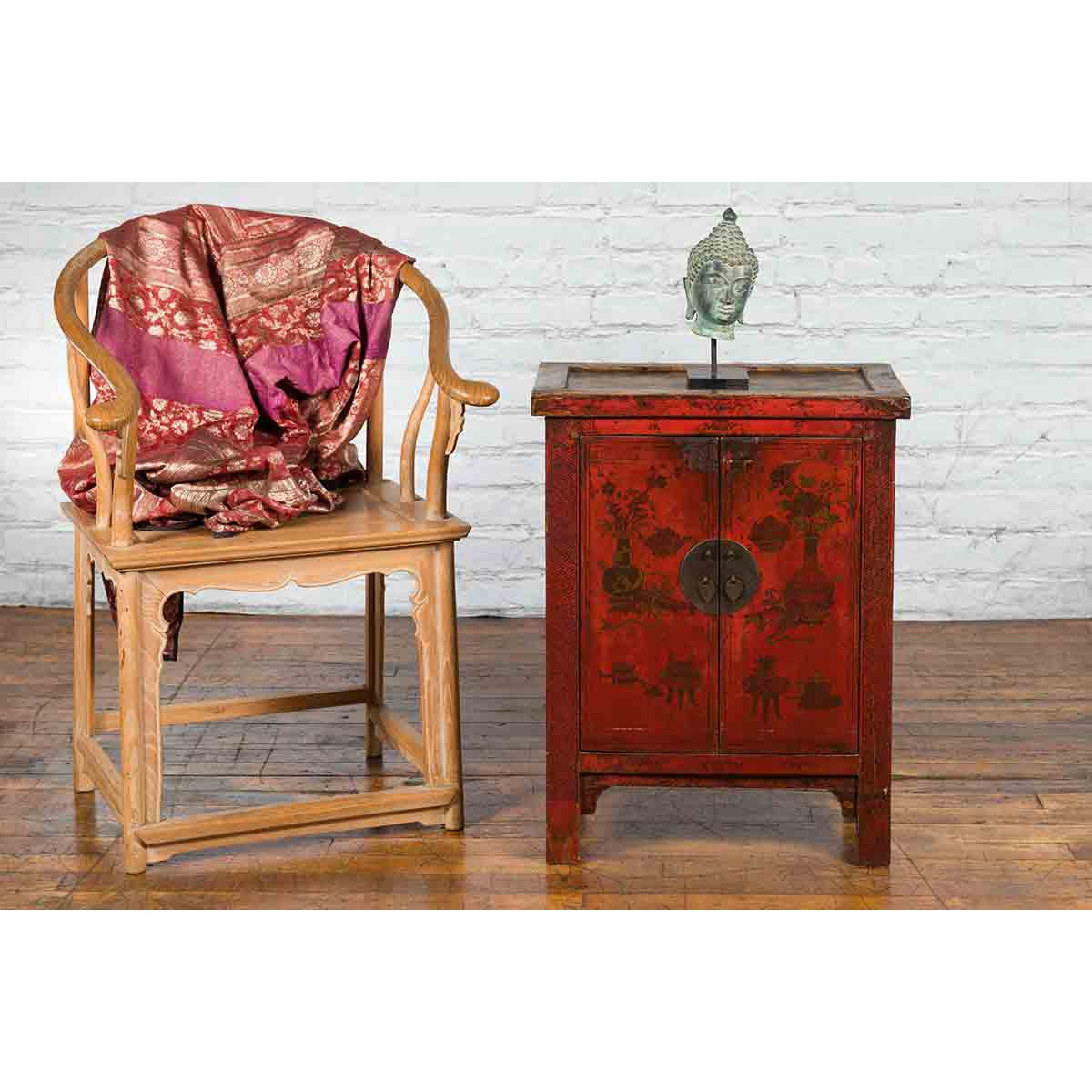 19th Century Qing Dynasty Red Lacquer Cabinet with Painted Flowers and Vases-2. Asian & Chinese Furniture, Art, Antiques, Vintage Home Décor for sale at FEA Home