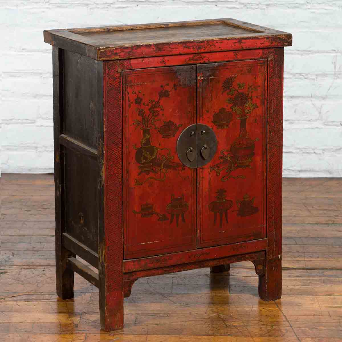 19th Century Qing Dynasty Red Lacquer Cabinet with Painted Flowers and Vases-4. Asian & Chinese Furniture, Art, Antiques, Vintage Home Décor for sale at FEA Home