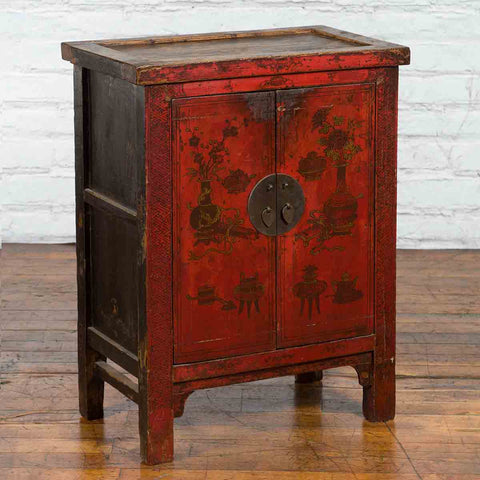 19th Century Qing Dynasty Red Lacquer Cabinet with Painted Flowers and Vases-YN1379-4. Asian & Chinese Furniture, Art, Antiques, Vintage Home Décor for sale at FEA Home