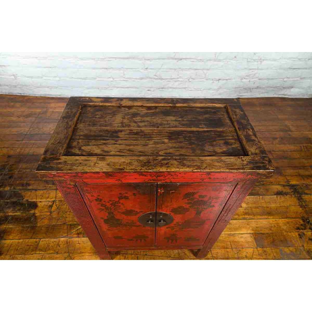 19th Century Qing Dynasty Red Lacquer Cabinet with Painted Flowers and Vases-8. Asian & Chinese Furniture, Art, Antiques, Vintage Home Décor for sale at FEA Home