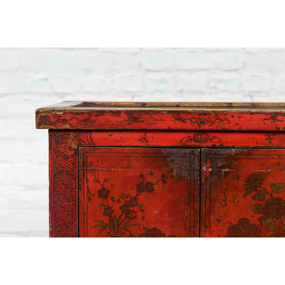 19th Century Qing Dynasty Red Lacquer Cabinet with Painted Flowers and Vases-9. Asian & Chinese Furniture, Art, Antiques, Vintage Home Décor for sale at FEA Home