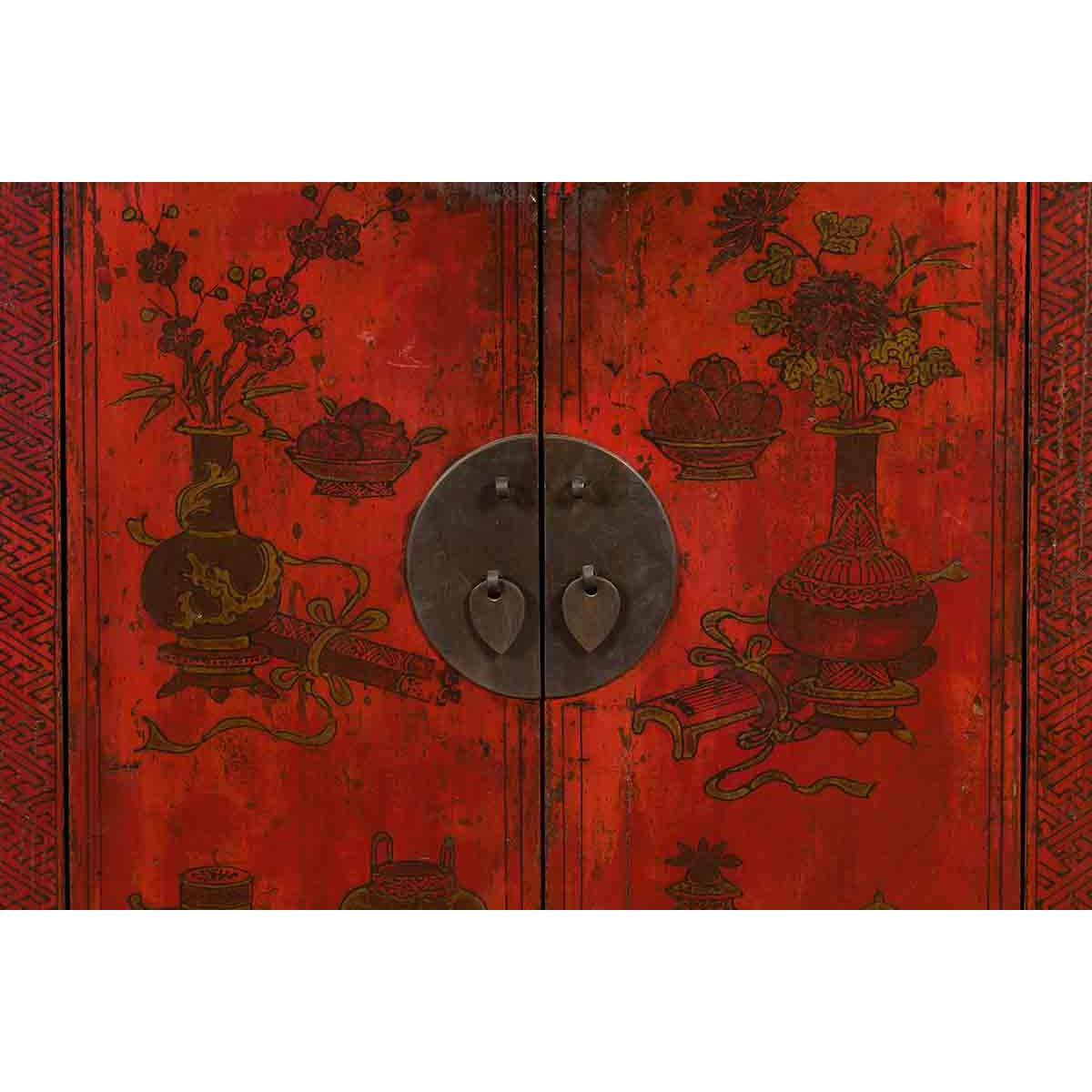 19th Century Qing Dynasty Red Lacquer Cabinet with Painted Flowers and Vases-11. Asian & Chinese Furniture, Art, Antiques, Vintage Home Décor for sale at FEA Home