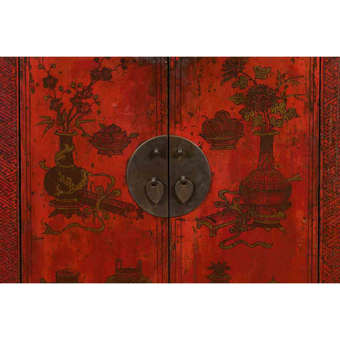19th Century Qing Dynasty Red Lacquer Cabinet with Painted Flowers and Vases-YN1379-11. Asian & Chinese Furniture, Art, Antiques, Vintage Home Décor for sale at FEA Home