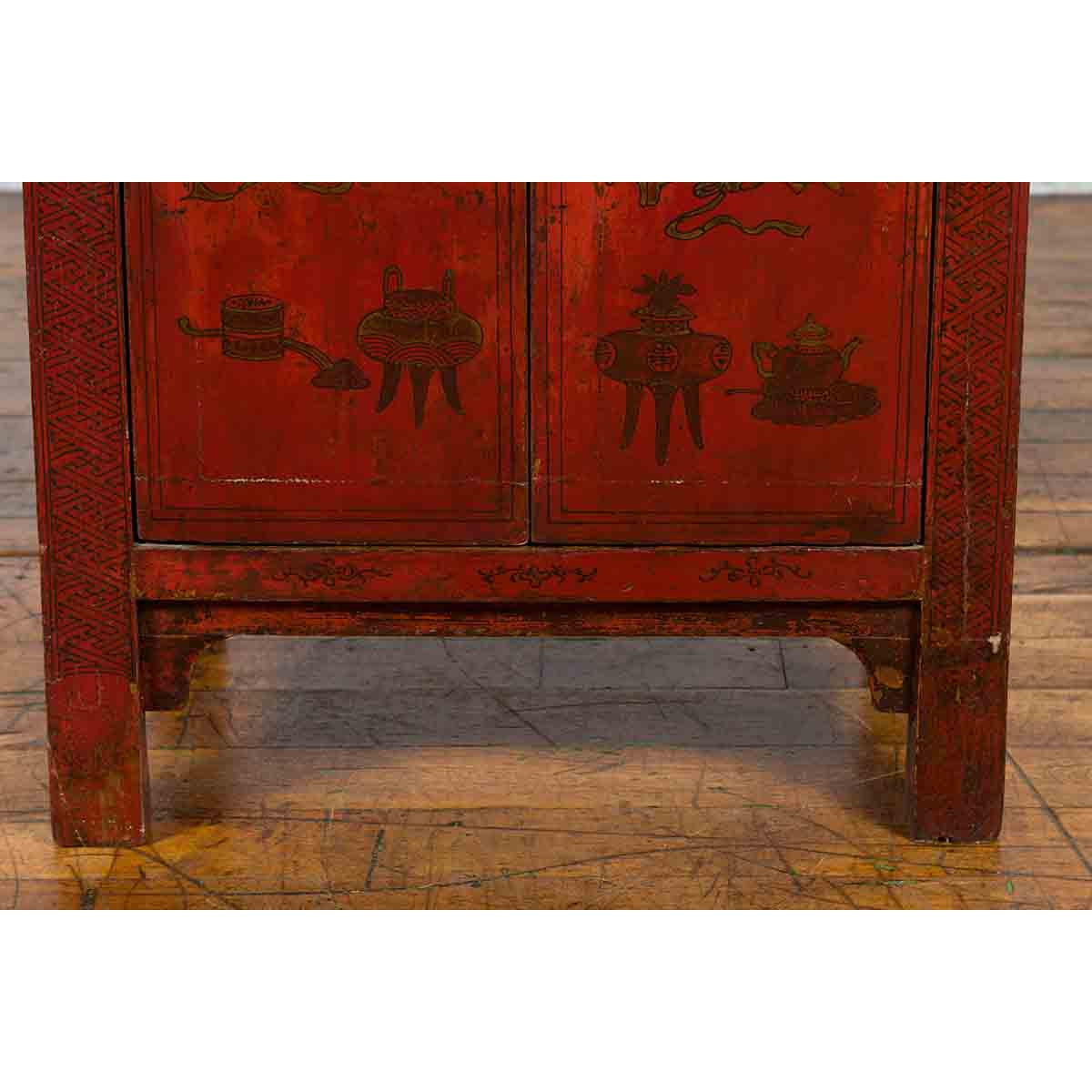 19th Century Qing Dynasty Red Lacquer Cabinet with Painted Flowers and Vases-13. Asian & Chinese Furniture, Art, Antiques, Vintage Home Décor for sale at FEA Home