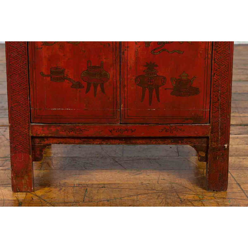 19th Century Qing Dynasty Red Lacquer Cabinet with Painted Flowers and Vases-YN1379-13. Asian & Chinese Furniture, Art, Antiques, Vintage Home Décor for sale at FEA Home