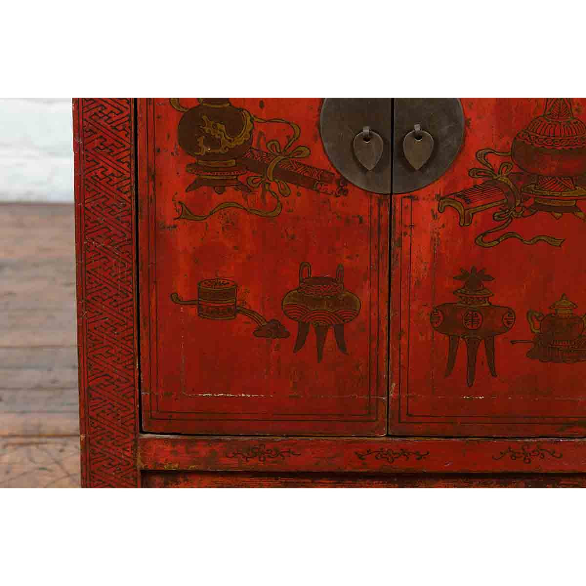 19th Century Qing Dynasty Red Lacquer Cabinet with Painted Flowers and Vases-12. Asian & Chinese Furniture, Art, Antiques, Vintage Home Décor for sale at FEA Home
