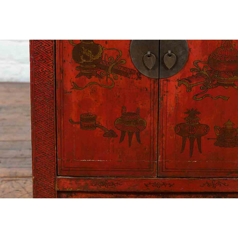 19th Century Qing Dynasty Red Lacquer Cabinet with Painted Flowers and Vases-YN1379-12. Asian & Chinese Furniture, Art, Antiques, Vintage Home Décor for sale at FEA Home