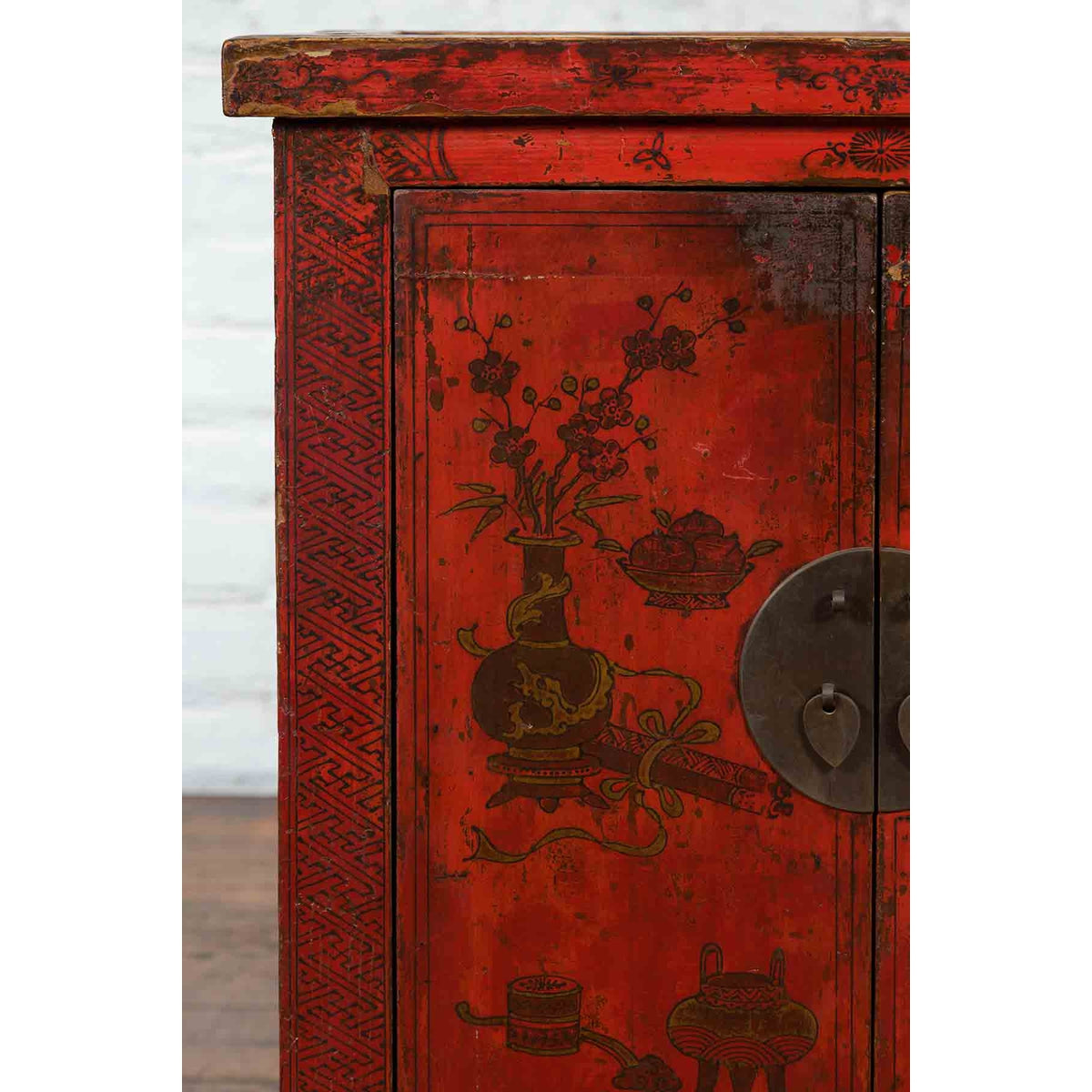 19th Century Qing Dynasty Red Lacquer Cabinet with Painted Flowers and Vases-6. Asian & Chinese Furniture, Art, Antiques, Vintage Home Décor for sale at FEA Home