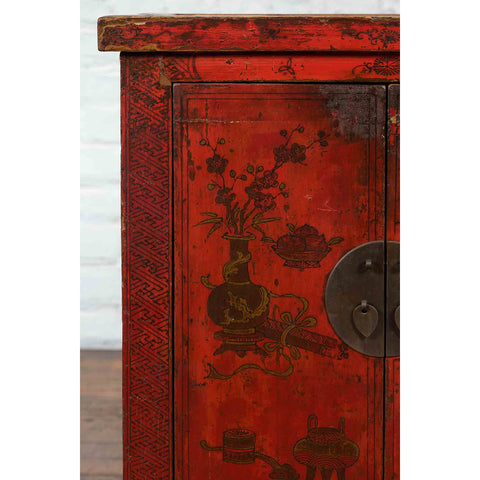 19th Century Qing Dynasty Red Lacquer Cabinet with Painted Flowers and Vases-YN1379-6. Asian & Chinese Furniture, Art, Antiques, Vintage Home Décor for sale at FEA Home
