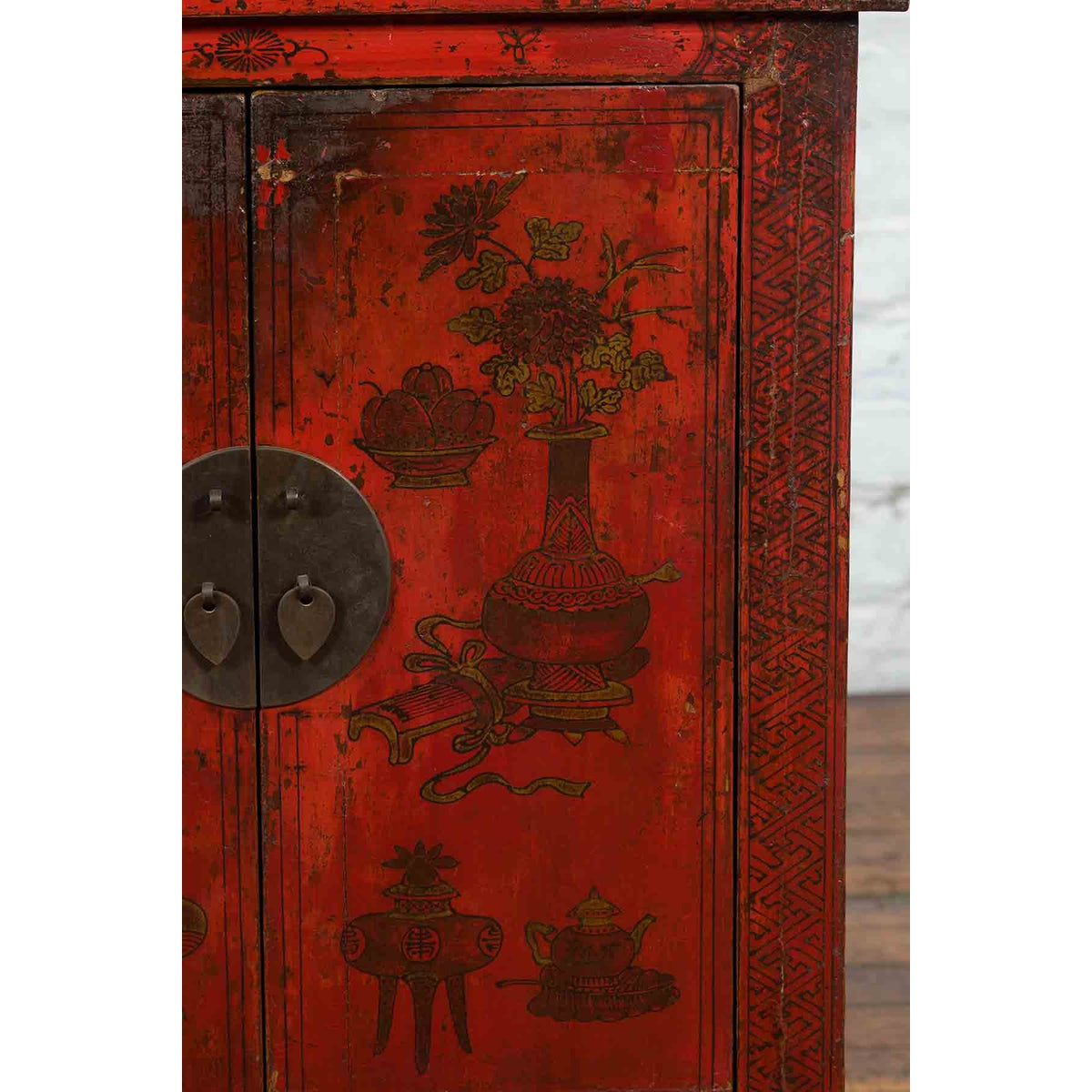 19th Century Qing Dynasty Red Lacquer Cabinet with Painted Flowers and Vases-7. Asian & Chinese Furniture, Art, Antiques, Vintage Home Décor for sale at FEA Home
