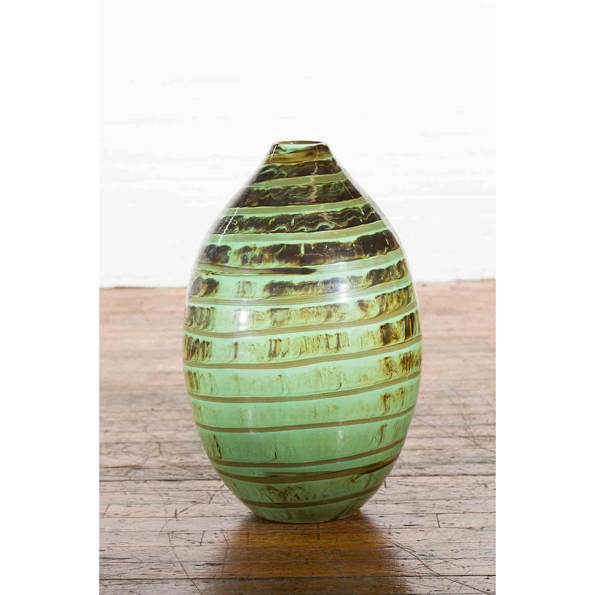 Artisan Contemporary Green and Brown Glaze Ceramic Vase with Spiral Decor-11. Asian & Chinese Furniture, Art, Antiques, Vintage Home Décor for sale at FEA Home